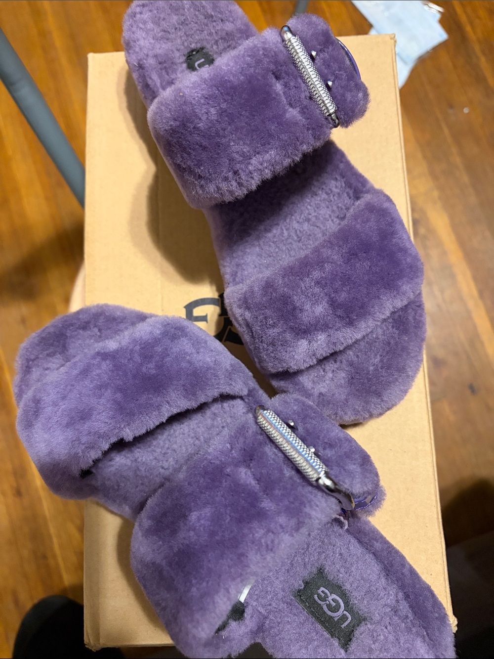 UGG Purple Plush Double-Strap Slide Sandals with Silver Buckles